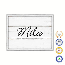 Load image into Gallery viewer, Mila Name Plate White Wash Wood Frame Canvas Print Boutique Cottage Decor Shabby Chic