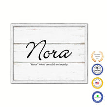 Load image into Gallery viewer, Nora Name Plate White Wash Wood Frame Canvas Print Boutique Cottage Decor Shabby Chic