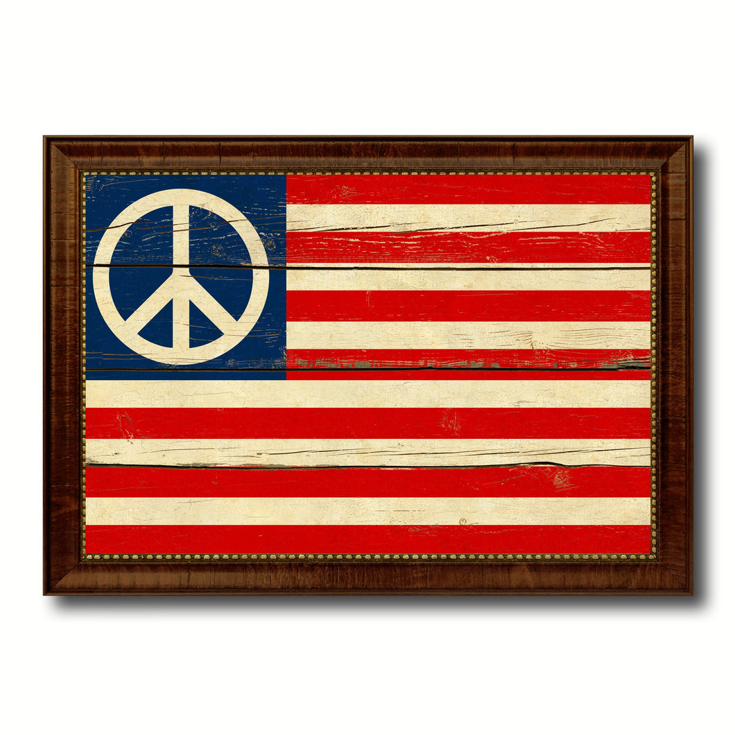 Peace Sign American Military Flag Vintage Canvas Print with Brown Picture Frame Gifts Ideas Home Decor Wall Art Decoration