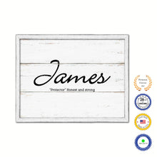 Load image into Gallery viewer, James Name Plate White Wash Wood Frame Canvas Print Boutique Cottage Decor Shabby Chic