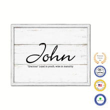 Load image into Gallery viewer, John Name Plate White Wash Wood Frame Canvas Print Boutique Cottage Decor Shabby Chic