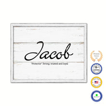 Load image into Gallery viewer, Jacob Name Plate White Wash Wood Frame Canvas Print Boutique Cottage Decor Shabby Chic