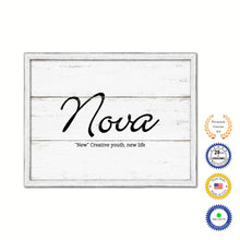 Load image into Gallery viewer, Nova Name Plate White Wash Wood Frame Canvas Print Boutique Cottage Decor Shabby Chic