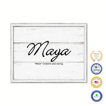 Load image into Gallery viewer, Maya Name Plate White Wash Wood Frame Canvas Print Boutique Cottage Decor Shabby Chic