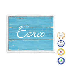 Load image into Gallery viewer, Ezra Name Plate White Wash Wood Frame Canvas Print Boutique Cottage Decor Shabby Chic