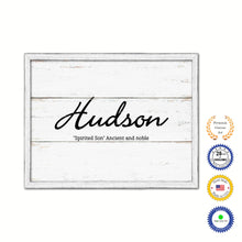 Load image into Gallery viewer, Hudson Name Plate White Wash Wood Frame Canvas Print Boutique Cottage Decor Shabby Chic