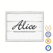 Load image into Gallery viewer, Alice Name Plate White Wash Wood Frame Canvas Print Boutique Cottage Decor Shabby Chic
