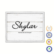 Load image into Gallery viewer, Skylar Name Plate White Wash Wood Frame Canvas Print Boutique Cottage Decor Shabby Chic