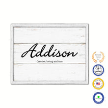 Load image into Gallery viewer, Addison Name Plate White Wash Wood Frame Canvas Print Boutique Cottage Decor Shabby Chic