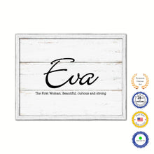 Load image into Gallery viewer, Eva Name Plate White Wash Wood Frame Canvas Print Boutique Cottage Decor Shabby Chic