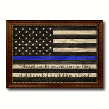 Load image into Gallery viewer, Law Enforcement Thin Blue Line Flag With Mathew 5:9 USA Flag Texture Canvas Print with Brown Picture Frame Home Decor Wall Art Gifts