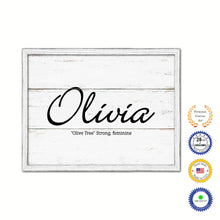 Load image into Gallery viewer, Olivia Name Plate White Wash Wood Frame Canvas Print Boutique Cottage Decor Shabby Chic