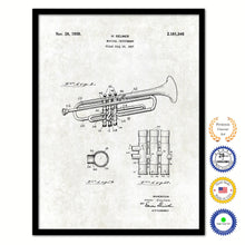 Load image into Gallery viewer, 1939 Trumpet Musical Instrument Old Patent Art Print on Canvas Custom Framed Vintage Home Decor Wall Decoration Great for Gifts