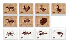 Load image into Gallery viewer, Beef, Chicken, Duck, Goose, Lamb, Pork, Turkey, Crab, Fish, Lobster, Shrimp Meat Cow Cuts Butchers Chart