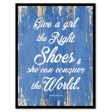 Load image into Gallery viewer, Give a girl the right shoes & she can conquer the world - Marilyn Monroe Quote Saying Canvas Print with Picture Frame Home Decor Wall Art, Blue