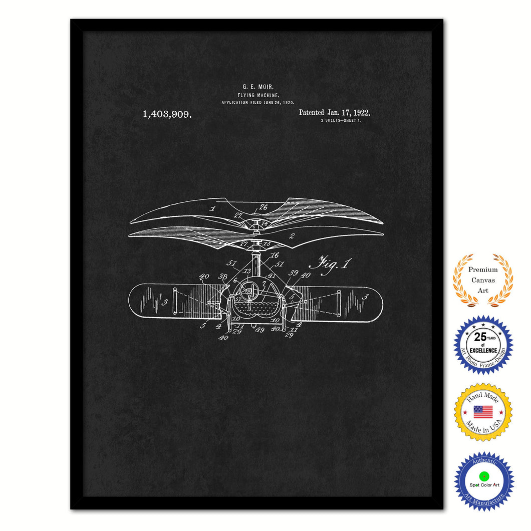 1922 Flying Machine Vintage Patent Artwork Black Framed Canvas Home Office Decor Great for Pilot Gift