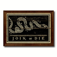 Load image into Gallery viewer, US Join or Die Snake Colonial Revolutionary War Military Flag Vintage Canvas Print with Brown Picture Frame Gifts Ideas Home Decor Wall Art Decoration