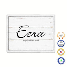 Load image into Gallery viewer, Ezra Name Plate White Wash Wood Frame Canvas Print Boutique Cottage Decor Shabby Chic
