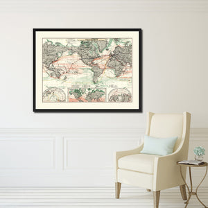 World Ocean Currents Vintage Antique Map Wall Art Home Decor Gift Ideas Canvas Print Custom Picture Frame