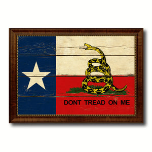 Gadsden Don't Tread On Me Texas State Military Flag Vintage Canvas Print with Brown Picture Frame Gifts Ideas Home Decor Wall Art Decoration