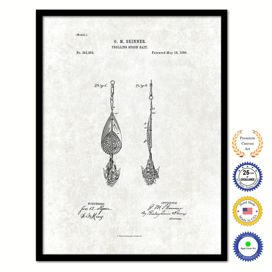 1886 Fishing Trolling Spoon Bait Vintage Patent Artwork Black Framed Canvas Print Home Office Decor Great for Fisherman Cabin Lake House