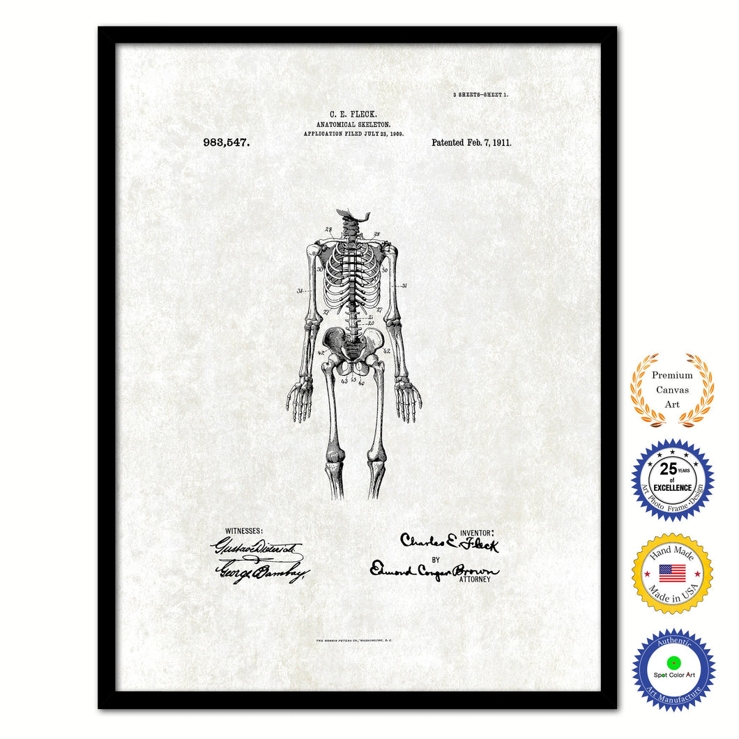 1911 Doctor Anatomical Skeleton Vintage Patent Artwork Black Framed Canvas Print Home Office Decor Great for Doctor Paramedic Surgeon Hospital Medical Student