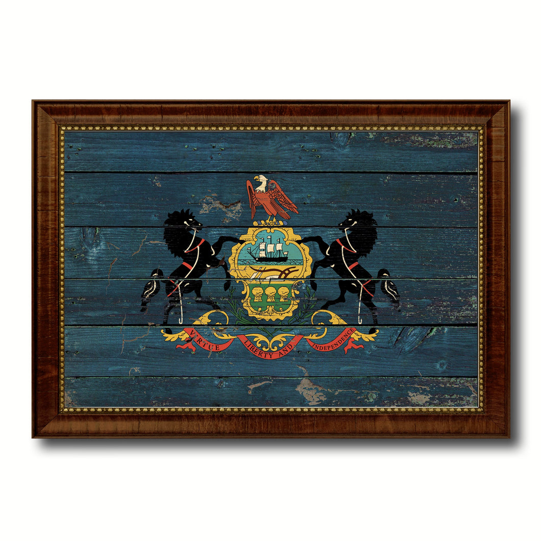 Pennsylvania State Vintage Flag Canvas Print with Brown Picture Frame Home Decor Man Cave Wall Art Collectible Decoration Artwork Gifts