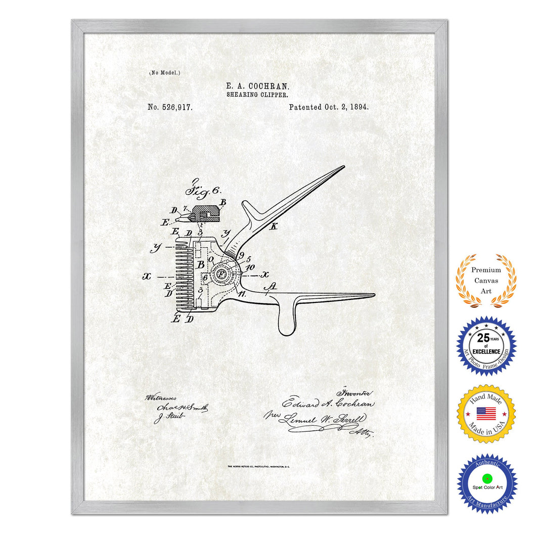 1894 Barber Shearing Clipper Antique Patent Artwork Silver Framed Canvas Print Home Office Decor Great Gift for Barber Salon Hair Stylist