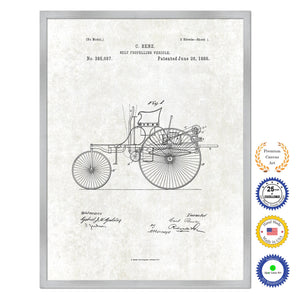 1888 Carl Benz Self Propelling Vehicle Antique Patent Artwork Silver Framed Canvas Print Home Office Decor Great Gift for Mechanic Car Collector