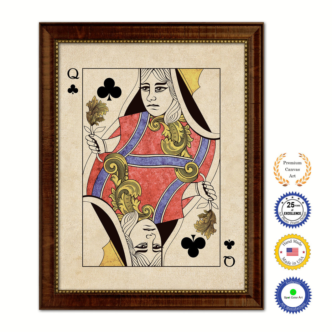Queen Clover Poker Decks of Vintage Cards Print on Canvas Brown Custom Framed