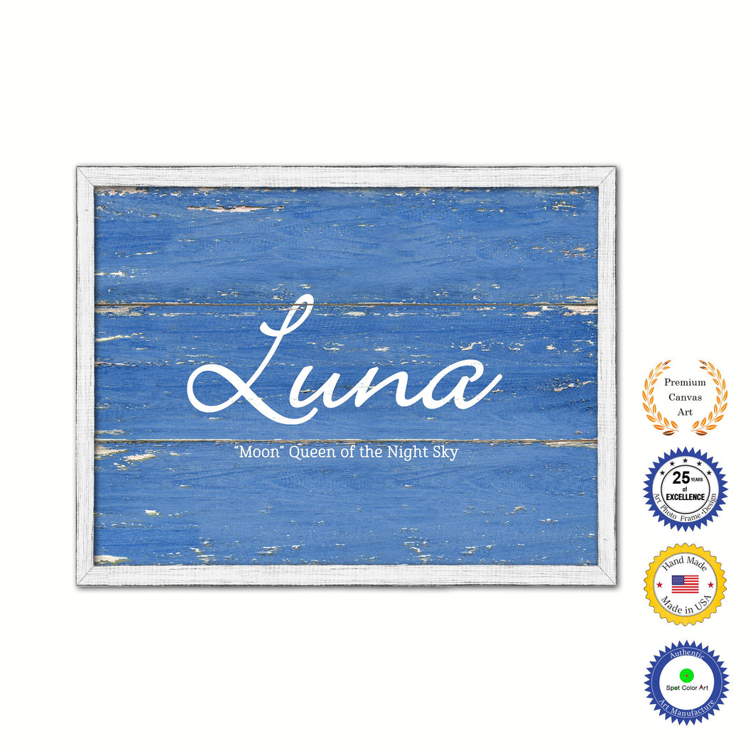 Luna Name Plate White Wash Wood Frame Canvas Print Boutique Cottage Decor Shabby Chic