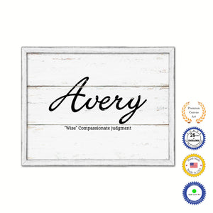 Avery Name Plate White Wash Wood Frame Canvas Print Boutique Cottage Decor Shabby Chic