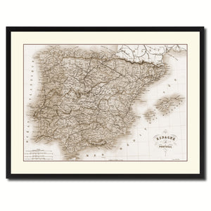 Spain Portugal Vintage Sepia Map Canvas Print, Picture Frame Gifts Home Decor Wall Art Decoration