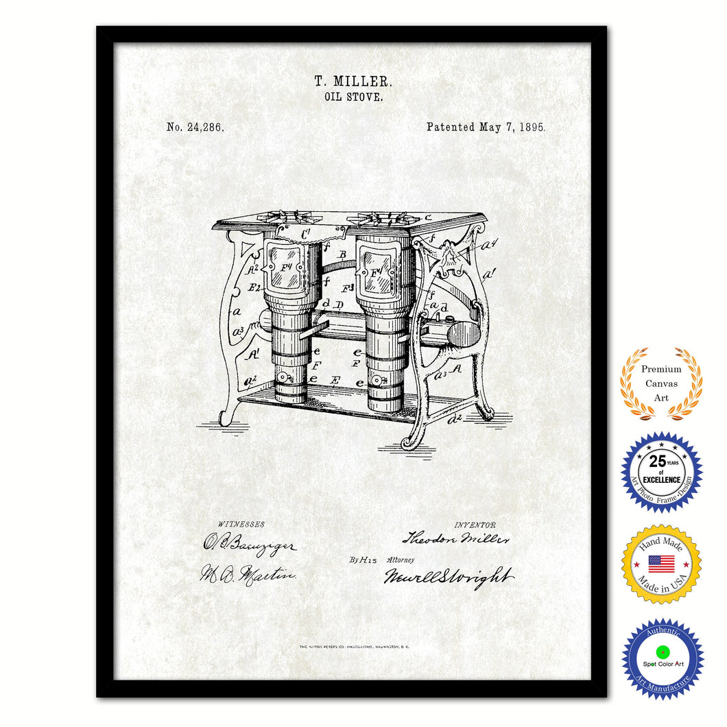 1895 Oil Stove Old Patent Art Print on Canvas Custom Framed Vintage Home Decor Wall Decoration Great for Gifts