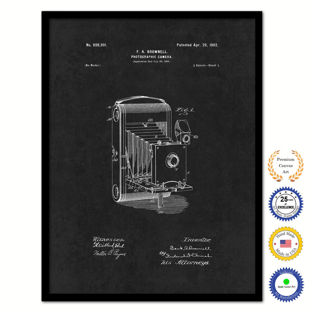 1902 Photographic Brownie Camera Vintage Patent Artwork Black Framed Canvas Home Office Decor Great Gift for Photographer