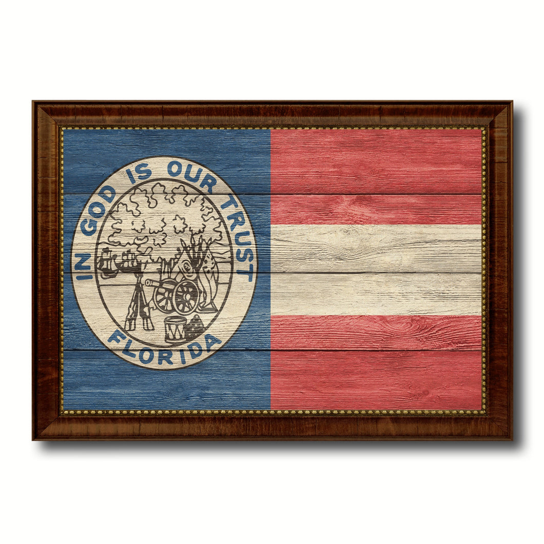 Civil War Florida Military Flag Texture Canvas Print with Brown Picture Frame Home Decor Wall Art Gifts