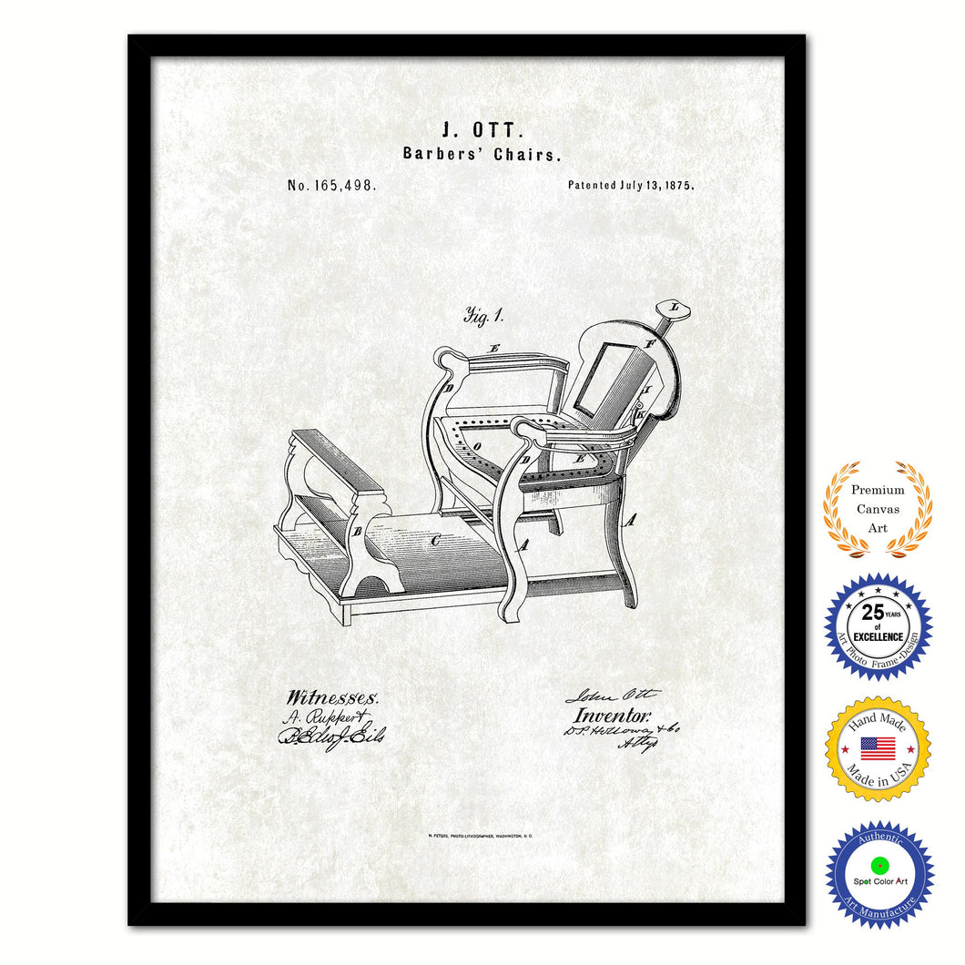 1875 Barbers Chairs Vintage Patent Artwork Black Framed Canvas Print Home Office Decor Great Gift for Barber Salon Hair Stylist