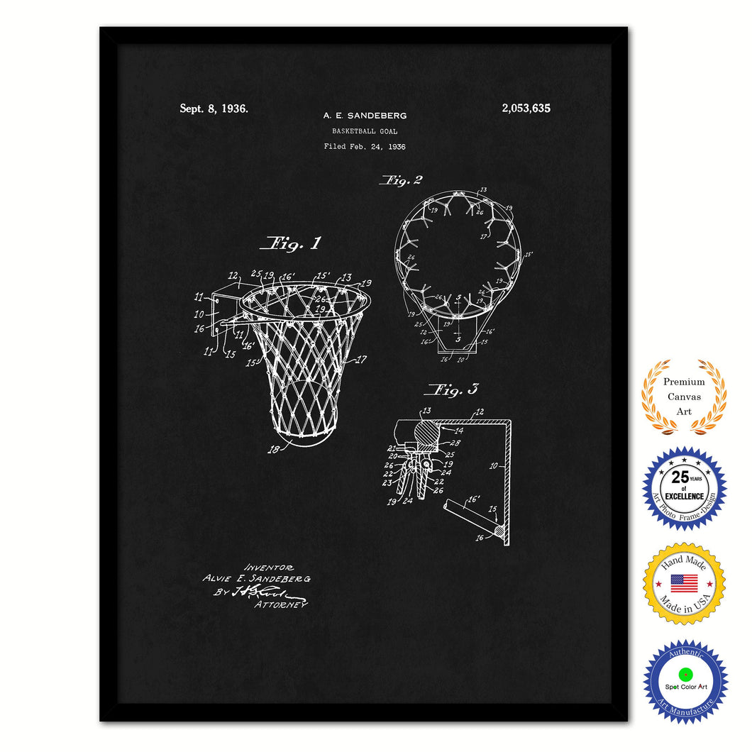 1936 Basketball Goal Old Patent Art Print on Canvas Custom Framed Vintage Home Decor Wall Decoration Great for Gifts