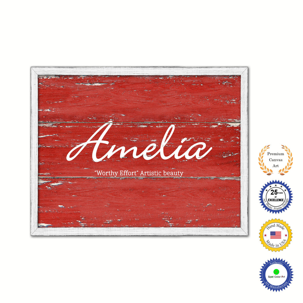 Amelia Name Plate White Wash Wood Frame Canvas Print Boutique Cottage Decor Shabby Chic