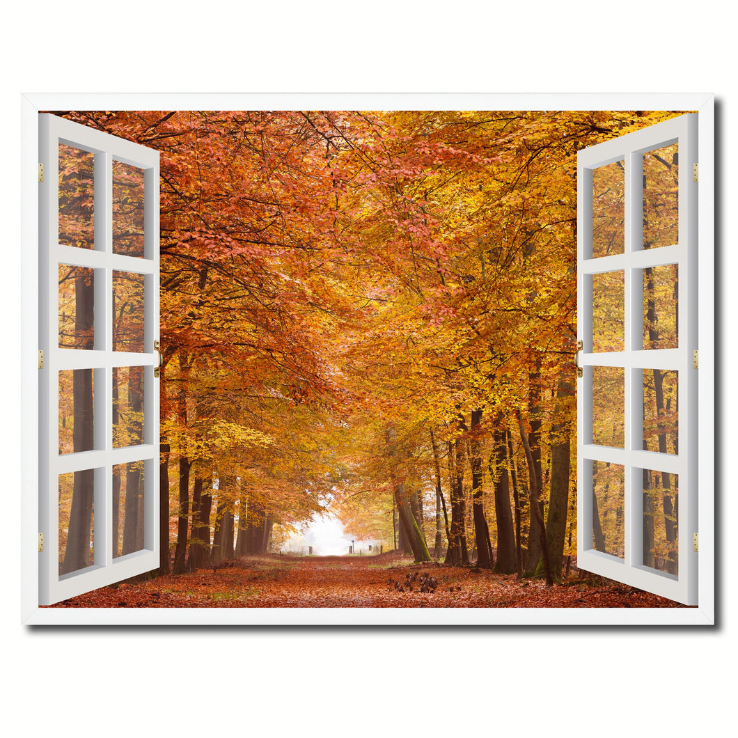 Autumn Trees Red Leaves Picture French Window Framed Canvas Print Home Decor Wall Art Collection