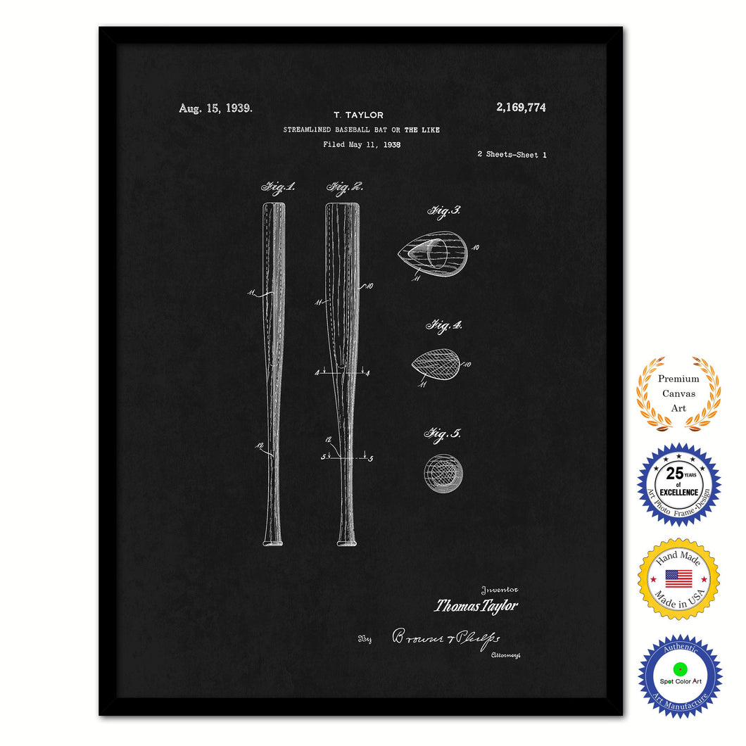 1939 Streamlined Baseball Bat Old Patent Art Print on Canvas Custom Framed Vintage Home Decor Wall Decoration Great for Gifts