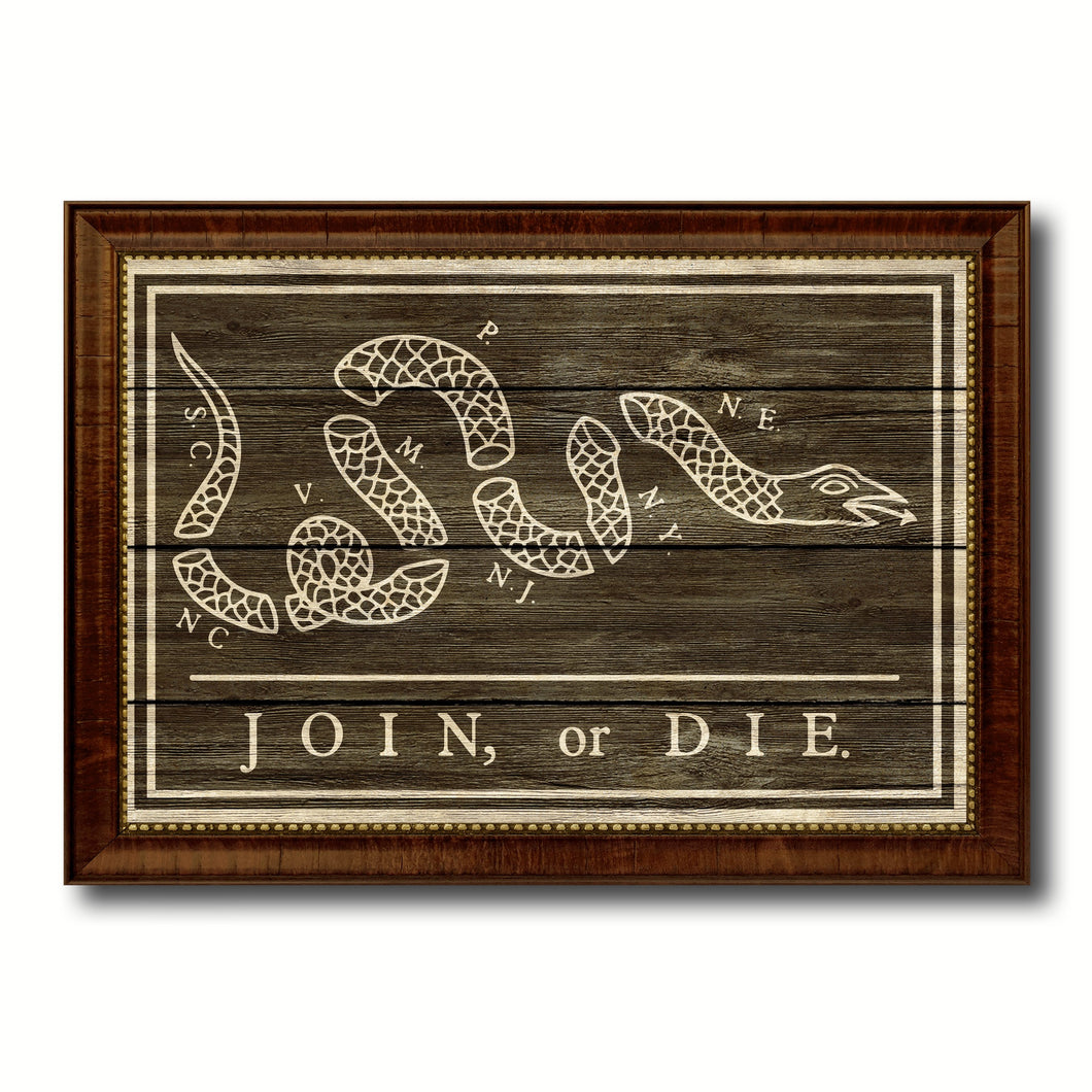 US Join or Die Snake Colonial Revolutionary War Military Flag Texture Canvas Print with Brown Picture Frame Home Decor Wall Art Gifts