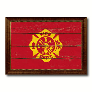 Fire Department Fire Fighter USA Flag Vintage Canvas Print with Brown Picture Frame Gifts Ideas Home Decor Wall Art Decoration