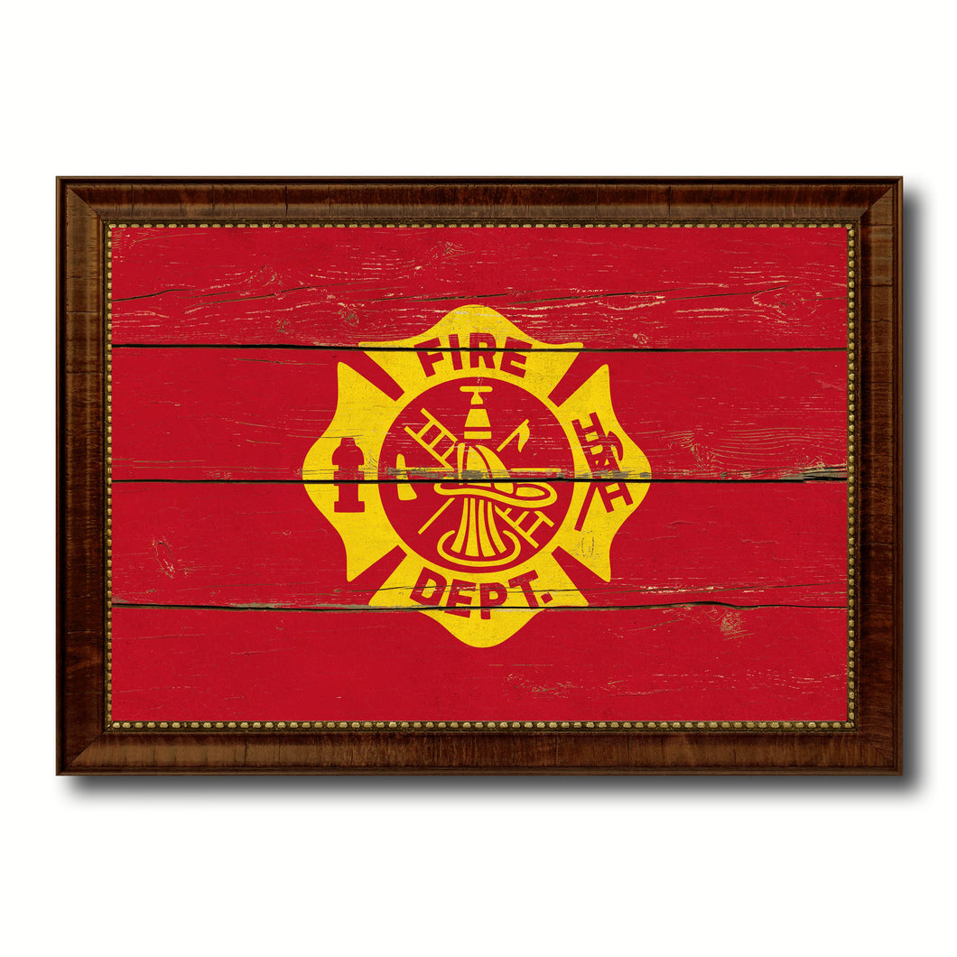Fire Department Fire Fighter USA Flag Vintage Canvas Print with Brown Picture Frame Gifts Ideas Home Decor Wall Art Decoration