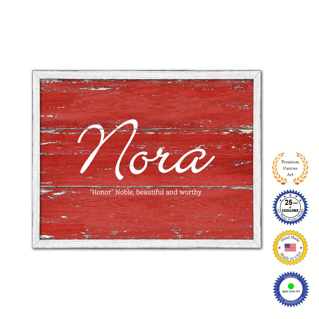 Nora Name Plate White Wash Wood Frame Canvas Print Boutique Cottage Decor Shabby Chic