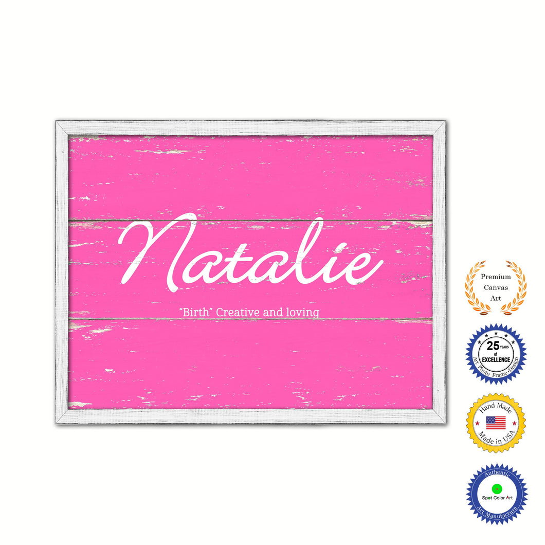 Natalie Name Plate White Wash Wood Frame Canvas Print Boutique Cottage Decor Shabby Chic