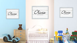 Olivia Name Plate White Wash Wood Frame Canvas Print Boutique Cottage Decor Shabby Chic