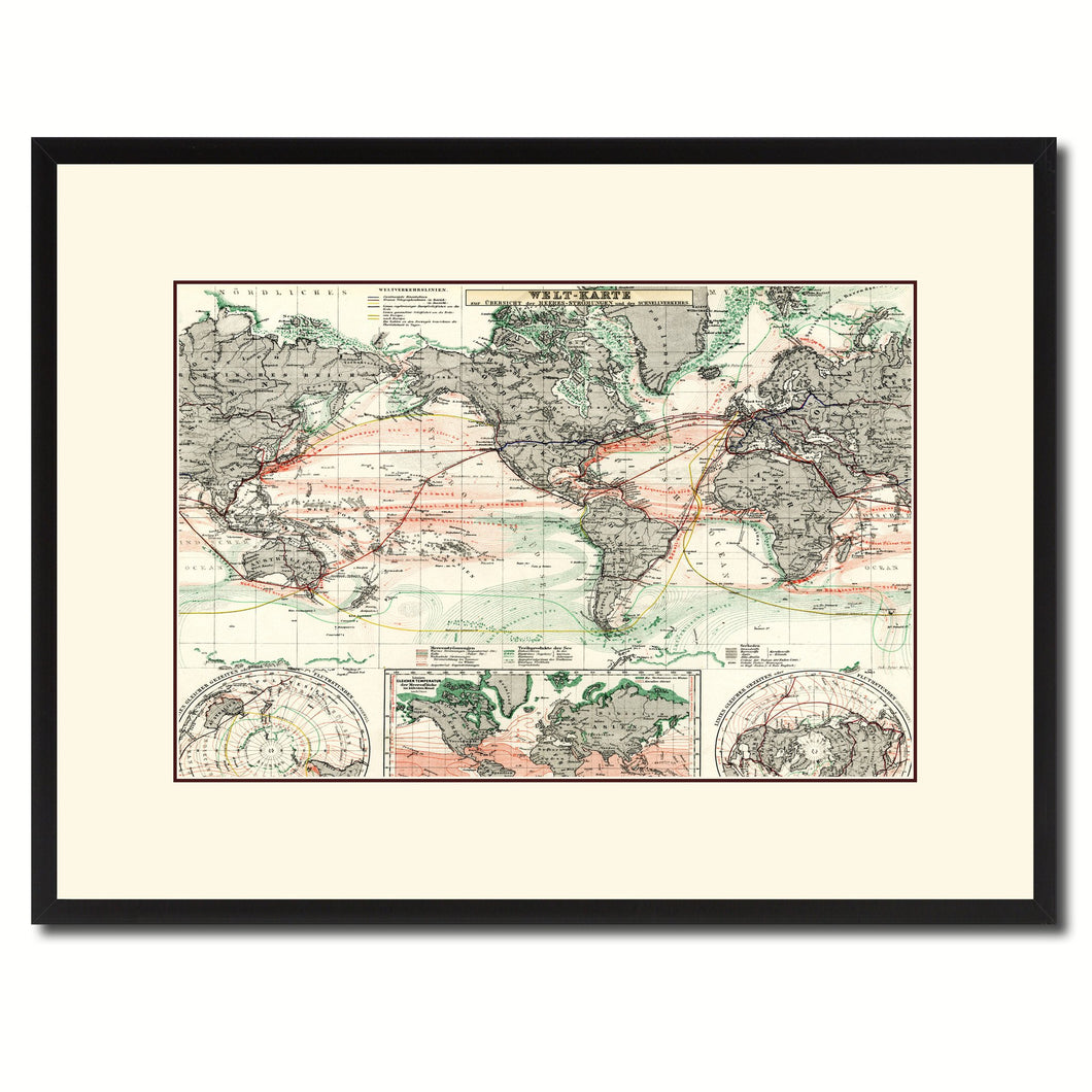 World Ocean Currents Vintage Antique Map Wall Art Home Decor Gift Ideas Canvas Print Custom Picture Frame