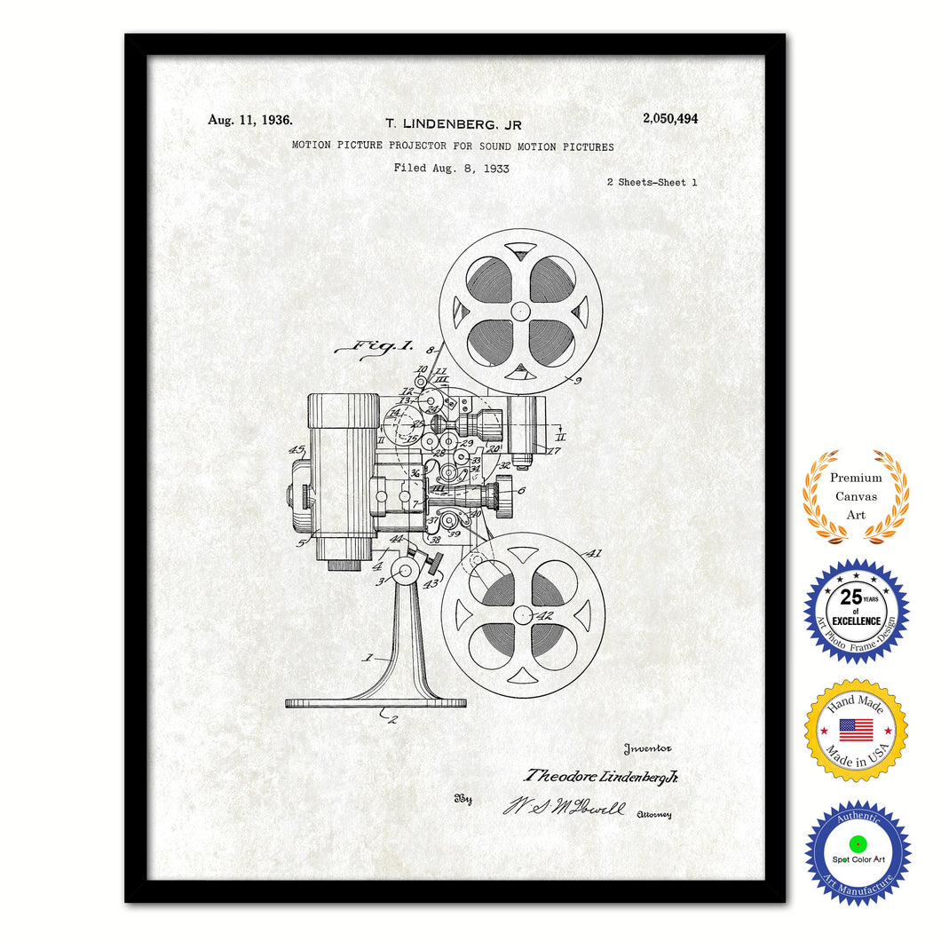 1936 Lindenberg Motion Picture Projector Old Patent Art Print on Canvas Custom Framed Vintage Home Decor Wall Decoration Great for Gifts