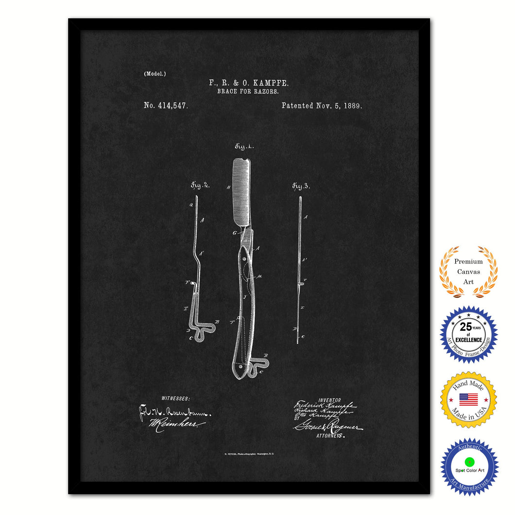 1889 Barber Brace for Razors Vintage Patent Artwork Black Framed Canvas Home Office Decor Great for Barber Salon